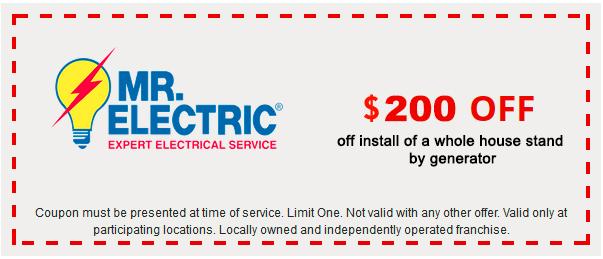 Mr. Electric coupon for $200 off install of a whole house stand by generator, with Mr. Electric logo on the left side