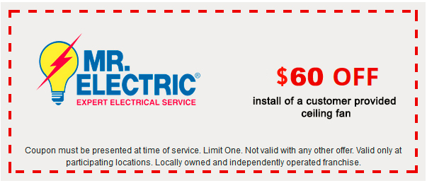 Mr. Electric coupon for $60 off install of a customer provided ceiling fan, wth Mr. Electric logo on the left side.