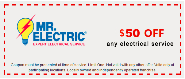 Mr. Electric coupon for $50 off any electrical service, with Mr. Electric log on the left side